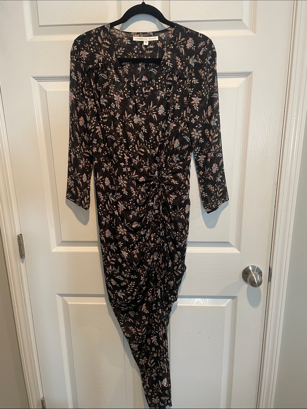 Veronica Beard Black Floral Asymmetrical Twist-Side Dress
